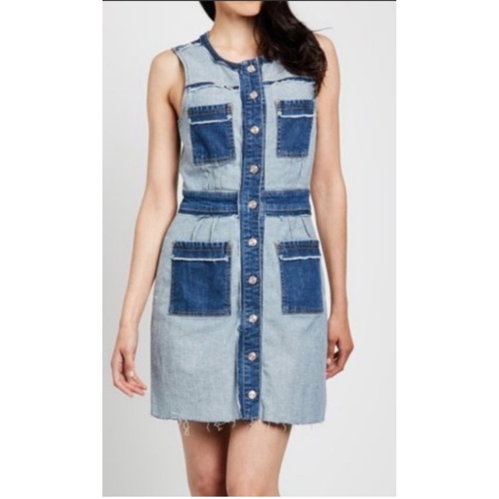 Two Tone Patchwork Denim Button Front Mini Dress Sleeveless Raw Hem‎ Blue